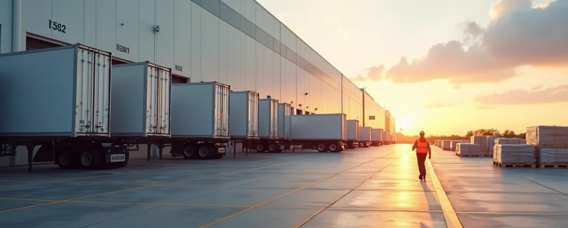 Caminhões em docas de centro de distribuição moderno ao pôr do sol