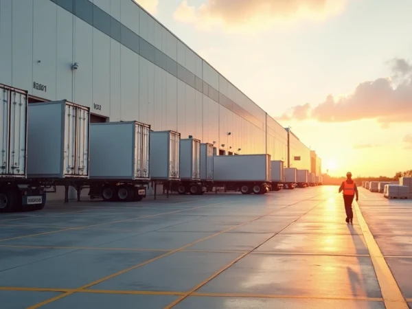 Caminhões em docas de centro de distribuição moderno ao pôr do sol