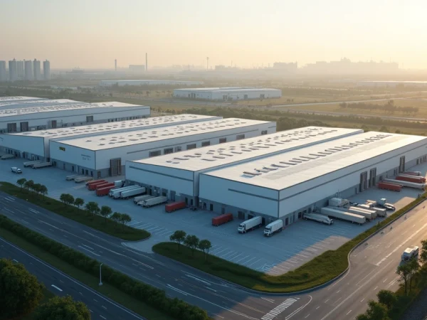 Vista aérea de centro logístico moderno integrado a rodovia e ferrovia