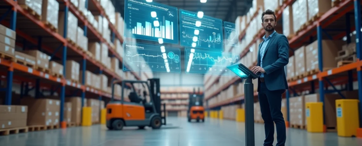Gestor analisando gráficos ao lado de prateleiras de estoque em centro logístico