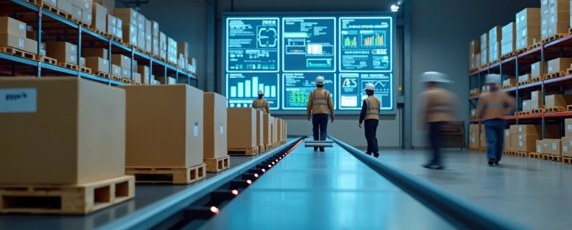 Leitor RFID monitorando paletes em esteira logística moderna