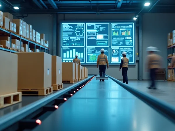 Leitor RFID monitorando paletes em esteira logística moderna