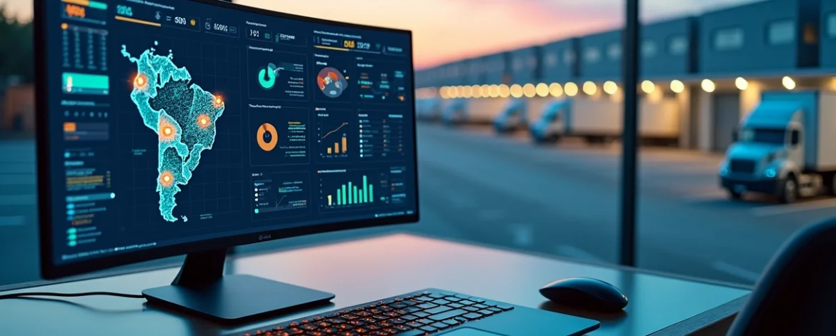 Painel de TMS em laptop mostrando rotas e caminhões em pátio logístico