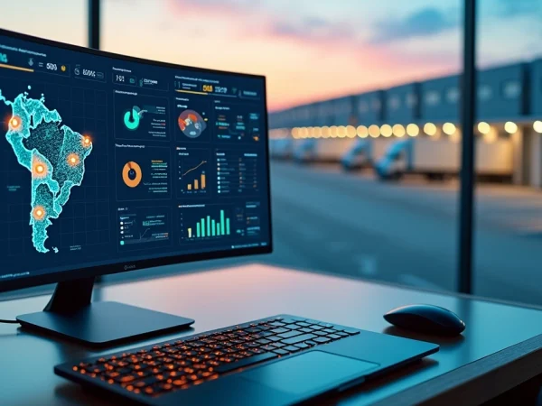 Painel de TMS em laptop mostrando rotas e caminhões em pátio logístico