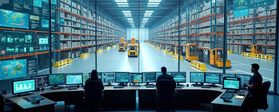 Vista superior de armazém automatizado com WMS em grande painel digital