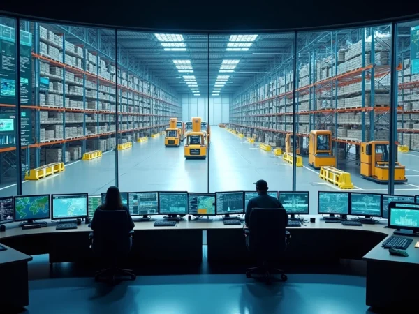 Vista superior de armazém automatizado com WMS em grande painel digital